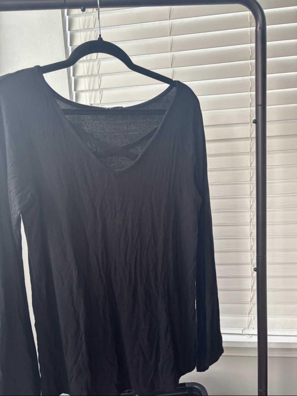 Black Long Sleeve V-Neck Top with Back Strap Detail